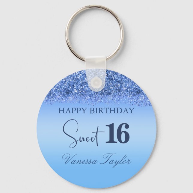Girly Blue Faux Glitter Sparkly Sweet 16 Birthday Key Ring (Front)