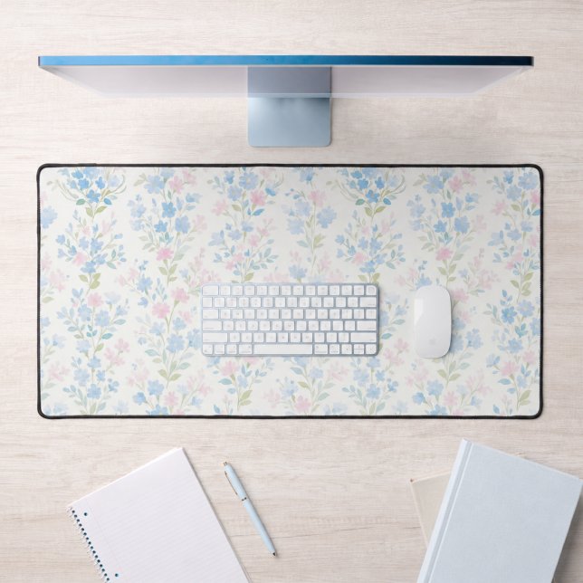 Girly Blue Floral Desk Mat (elegant girly pretty watercolor blue pink floral pattern desk mat)