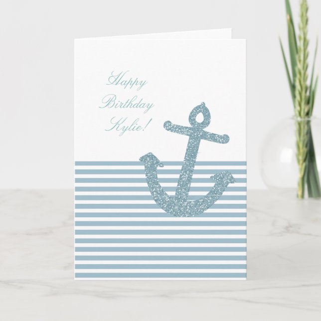 Girly Blue Glitter Anchor Birthday Card (Front)