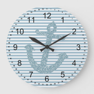 Girly Blue Glitter Anchor Large Clock