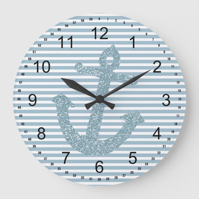 Girly Blue Glitter Anchor Large Clock (Front)