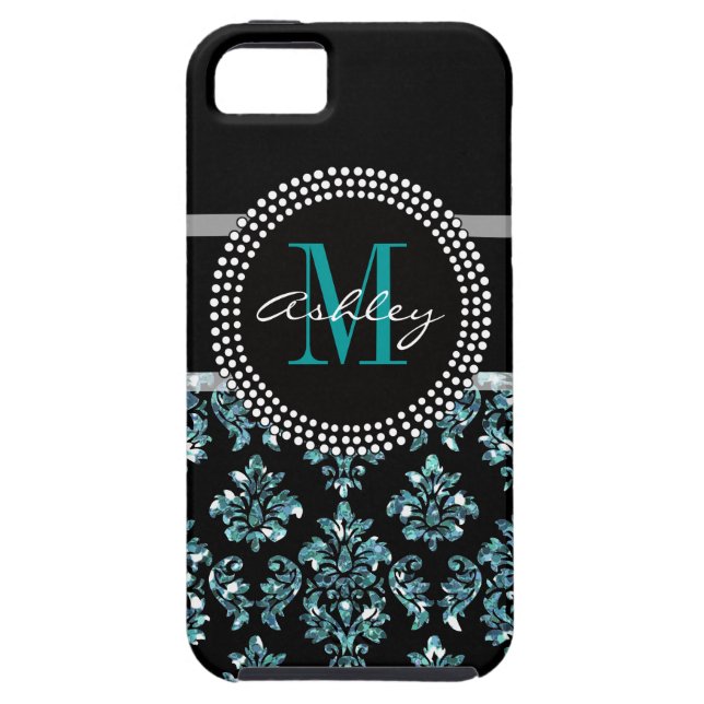 Girly Blue Glitter Black Damask Personalised Case-Mate iPhone Case (Back)