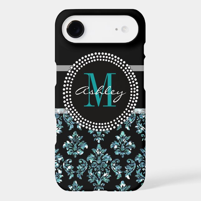 Girly Blue Glitter Black Damask Personalised Case-Mate iPhone Case (Back)