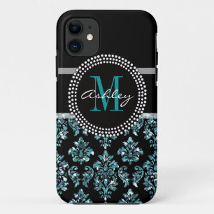 Girly Blue Glitter Black Damask Personalised iPhone 11 Case