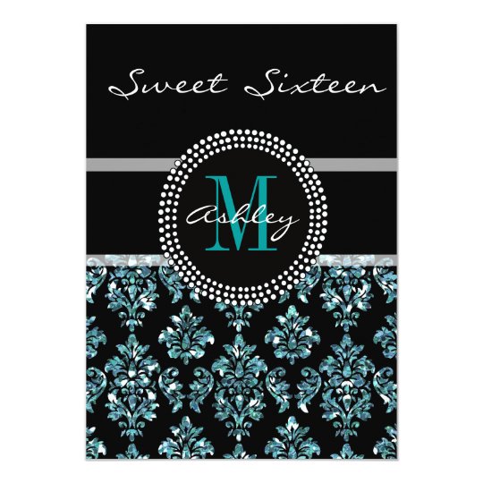 Girly Blue Glitter Black Damask Personalised Party Card
