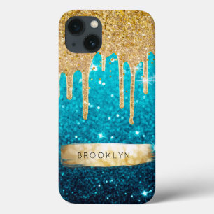 Girly Blue Glitter Gold Drips Sparkle Glam Stars iPhone 13 Case