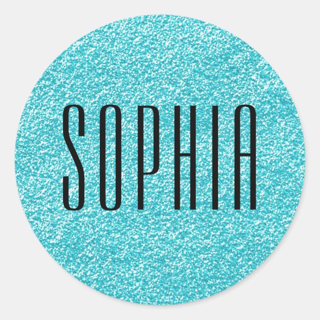 Girly Blue Glitter Name Cute Sparkle Classic Round Sticker (Front)