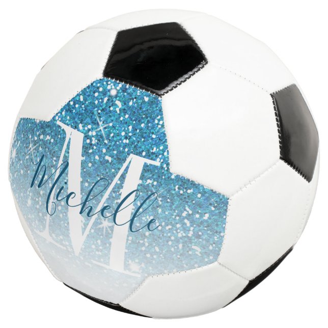 Girly Blue Glitter Sparkles Monogram Script Name Soccer Ball (Three Quarter)