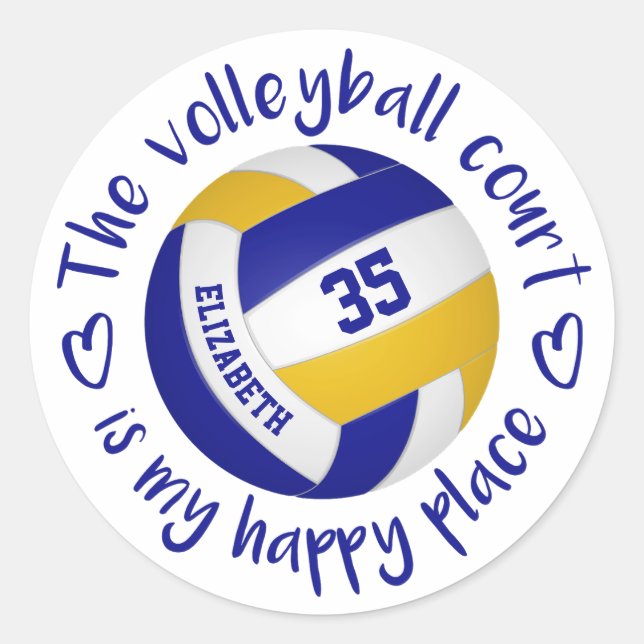 girly blue gold volleyball court my happy place classic round sticker (Front)