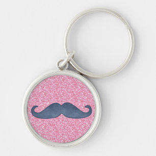 GIRLY BLUE MUSTACHE PINK GLITTER PHOTO KEY RING