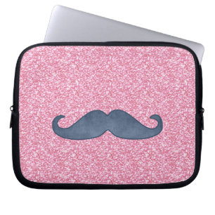 GIRLY BLUE MUSTACHE PINK GLITTER PHOTO LAPTOP SLEEVE