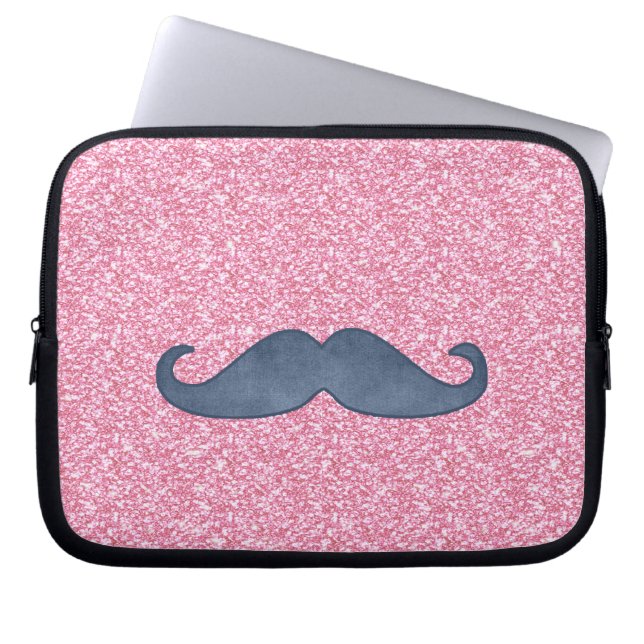GIRLY BLUE MUSTACHE PINK GLITTER PHOTO LAPTOP SLEEVE (Front)