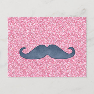 GIRLY BLUE MUSTACHE PINK GLITTER PHOTO POSTCARD