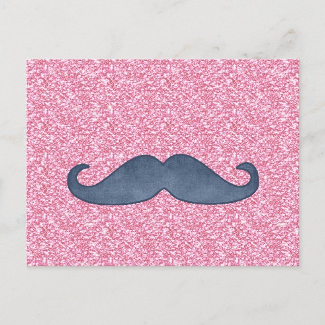 GIRLY BLUE MUSTACHE PINK GLITTER PHOTO POSTCARD (Front)