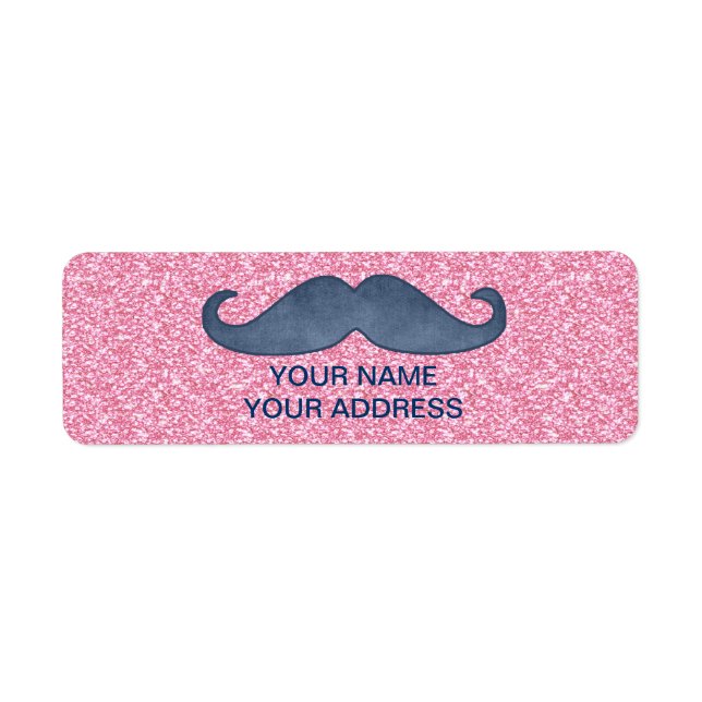 GIRLY BLUE MUSTACHE PINK GLITTER PHOTO RETURN ADDRESS LABEL (Front)