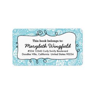 Girly Blue Paisley Ladies Doodle Bookplate Label