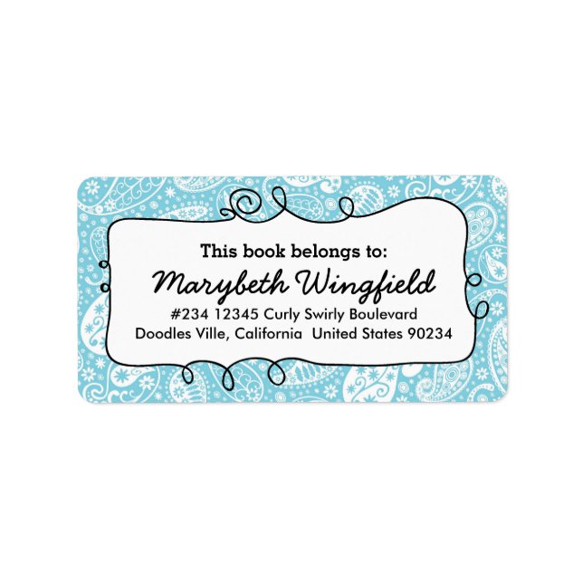 Girly Blue Paisley Ladies Doodle Bookplate Label (Front)