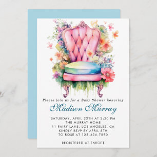 Girly Blue & Pink Floral Flower Chair Baby Shower Invitation