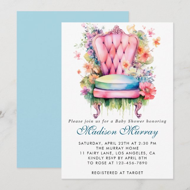 Girly Blue & Pink Floral Flower Chair Baby Shower Invitation (Front/Back)