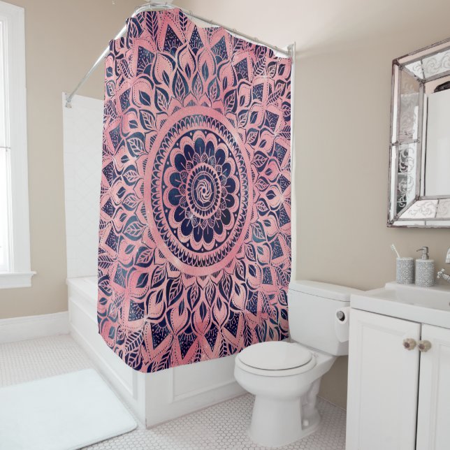 Girly Blue Pink Mandala Floral Shower Curtain (In Situ)