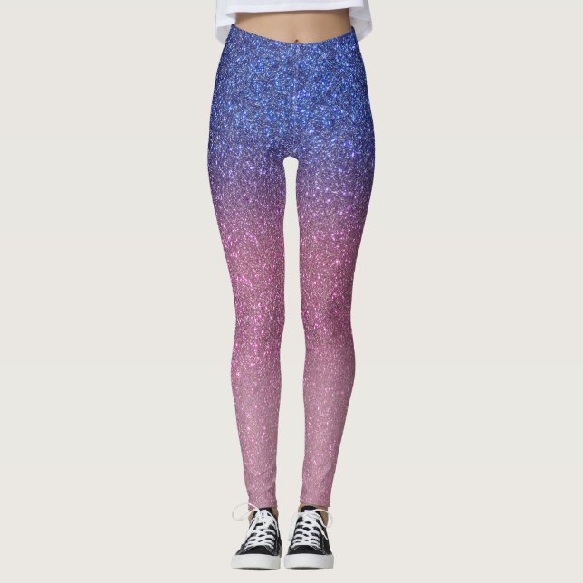 Girly Blue Pink Sparkly Glitter Ombre Gradient Leggings (Front)