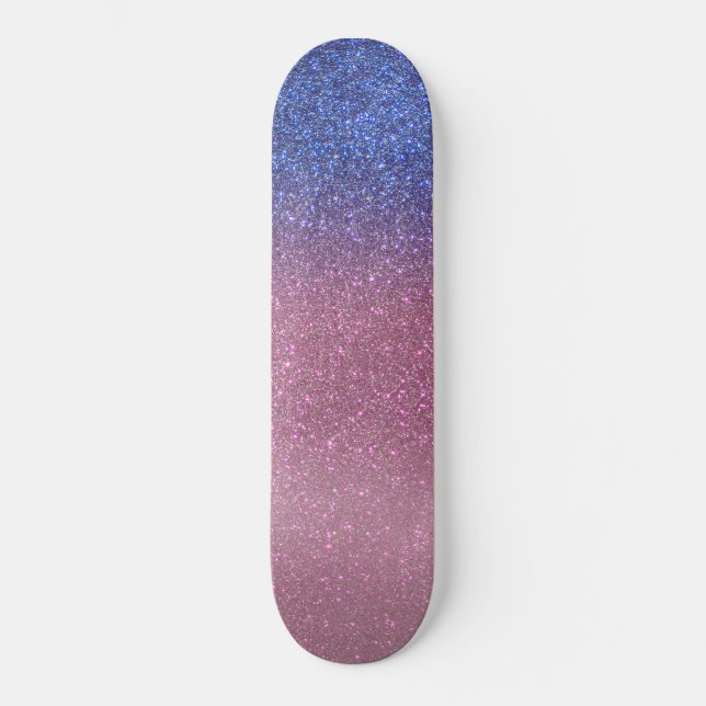 Girly Blue Pink Sparkly Glitter Ombre Gradient Skateboard (Front)