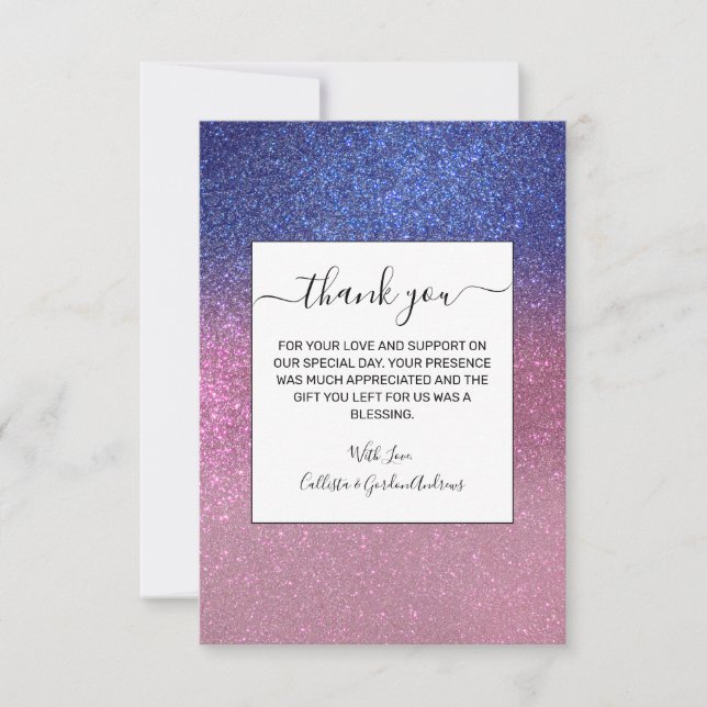 Girly Blue Pink Sparkly Glitter Ombre Gradient Thank You Card (Front)