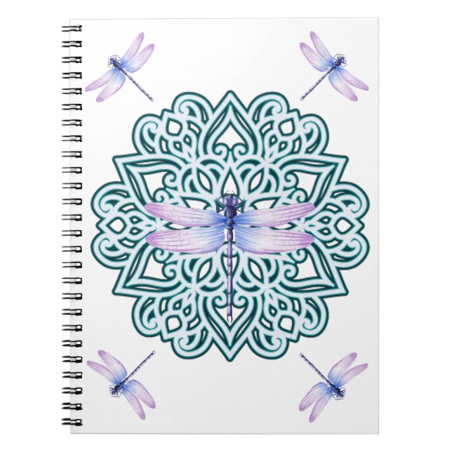 Girly Blue Purple Mandala Dragonfly Notebook (Front)