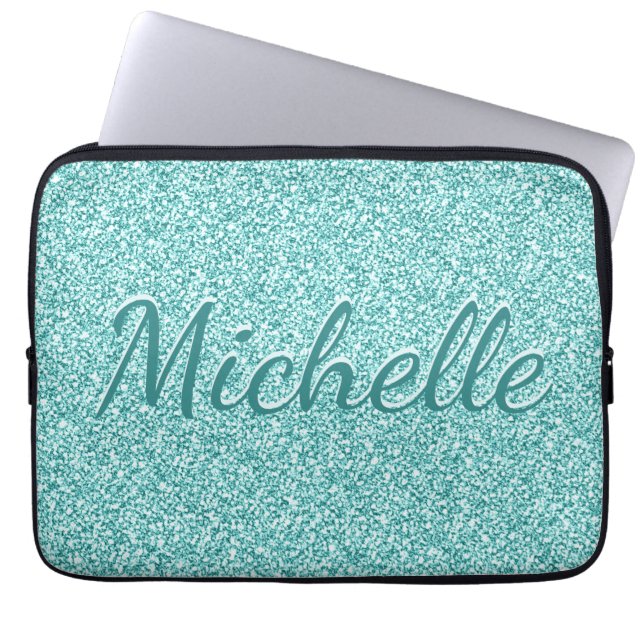 Girly Blue Sparkle Monogram Name Laptop Sleeve (Front)
