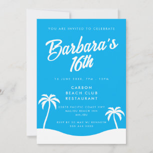 Girly Blue Summer Beach Palm 16th Birthday Invitation