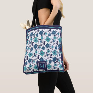 Girly Blue Turquoise Floral Pattern Monogram Tote Bag