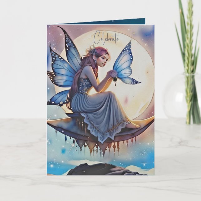 Girly Blue Watercolor Fairy Birthday Card (Front)