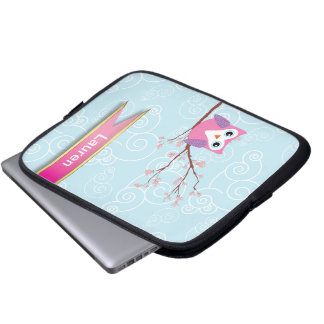 Girly Blue Whimsical Owl Laptop Sleeve