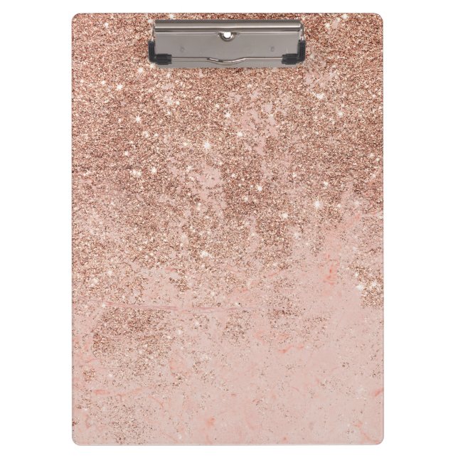 Girly blush coral faux rose gold glitter marble clipboard (Front)
