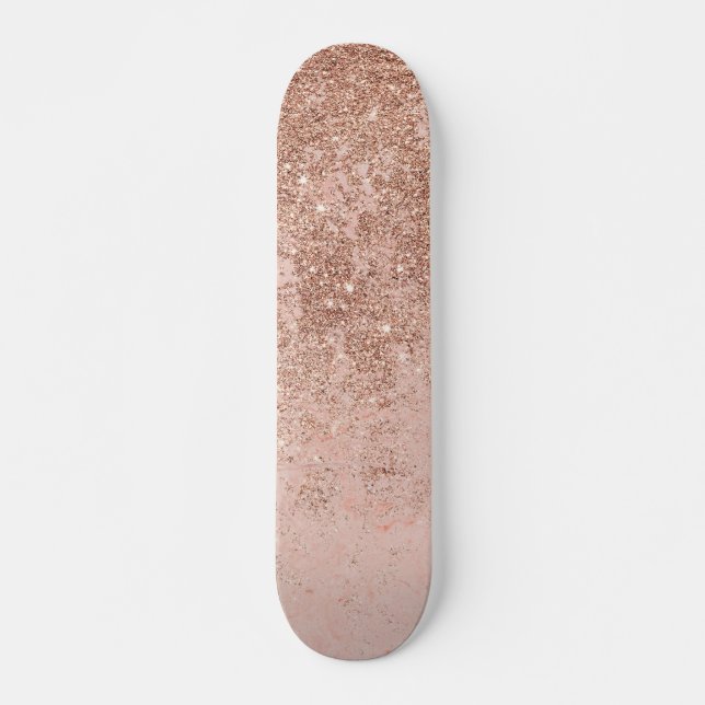 Girly blush coral faux rose gold glitter marble skateboard (Front)