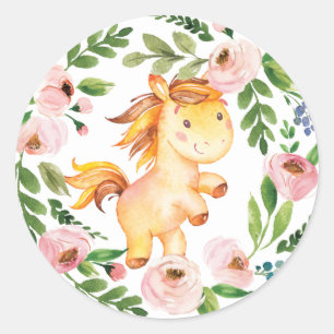 Girly Blush Floral Baby Horse Shower 1st Birthday Classic Round Sticker
