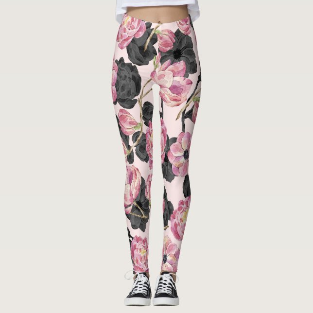 Girly Blush Pink and Black Watercolor Flowers Leggings (Front)