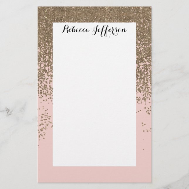 Girly Blush Pink and Gold Glitter Ombre Stationery (Front)