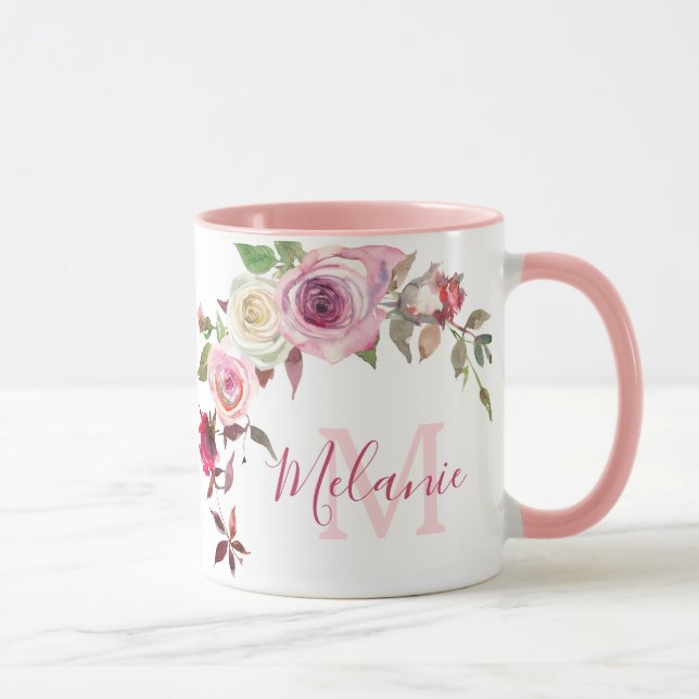 Girly Blush Pink and White Roses Name Monogram Mug (Right)