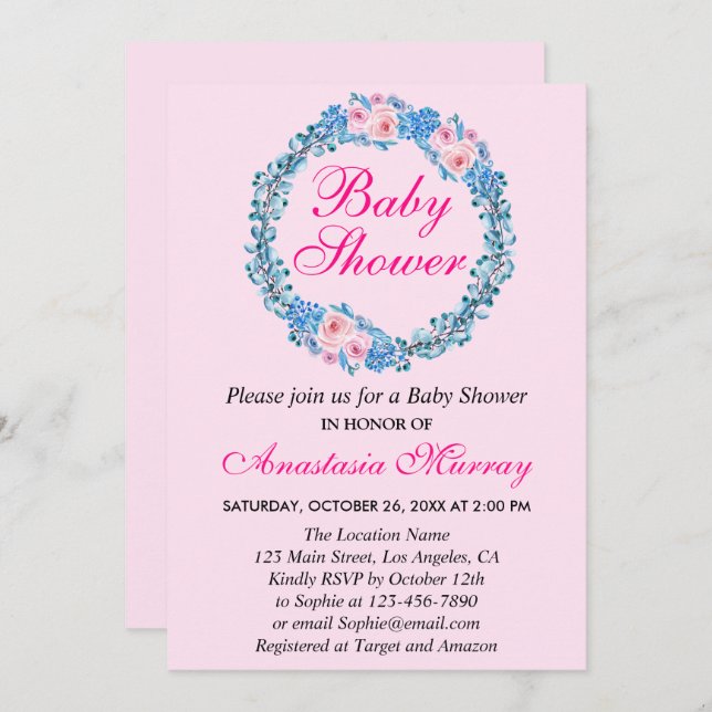 Girly Blush Pink & Blue Floral Wreath Baby Shower Invitation (Front/Back)
