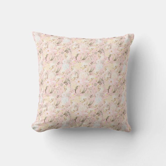 Girly Blush Pink Cream White Floral Cushion (Front)