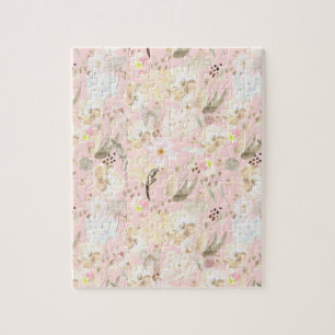 Girly Blush Pink Cream White Floral Jigsaw Puzzle