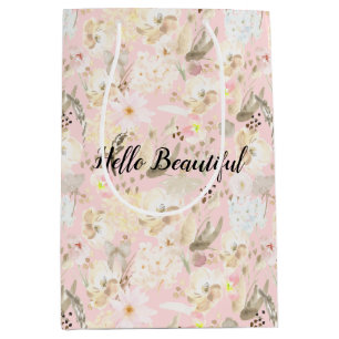 Girly Blush Pink Cream White Floral Medium Gift Bag