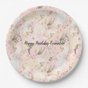 Girly Blush Pink Cream White Floral Paper Plate