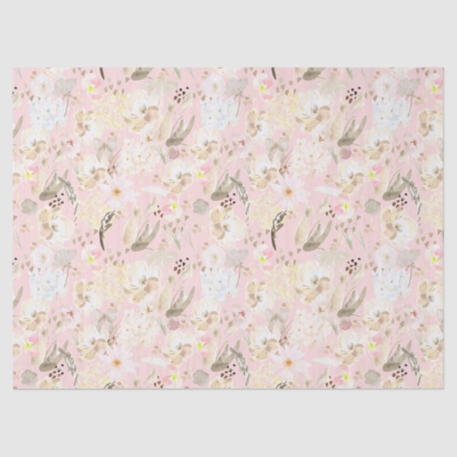 Girly Blush Pink Cream White Floral Tissue Paper (Front)