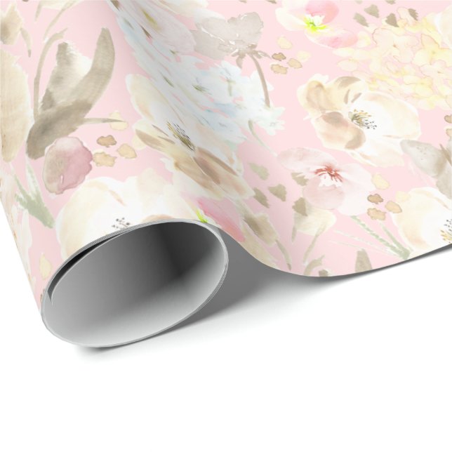 Girly Blush Pink Cream White Floral Wrapping Paper (Roll Corner)