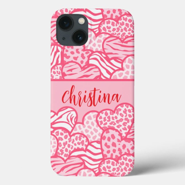 Girly Blush Pink Cute Animal Print Hearts Name  Case-Mate iPhone Case (Back)