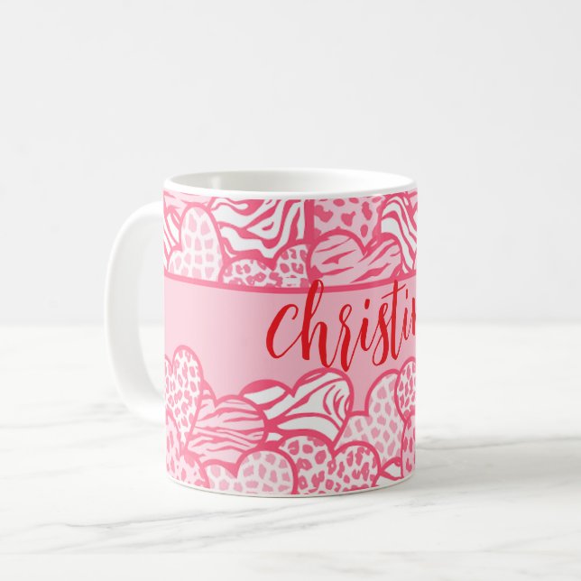 Girly Blush Pink Cute Animal Print Hearts Name  Coffee Mug (Front Left)