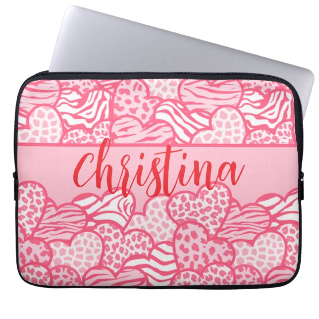 Girly Blush Pink Cute Animal Print Hearts Name  Laptop Sleeve (Front)