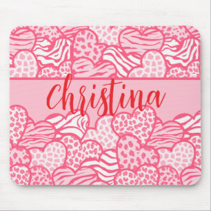 Girly Blush Pink Cute Animal Print Hearts Name Mouse Pad